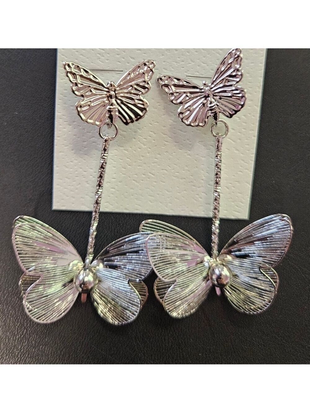Silver Butterfly Drop Earrings - Elegant Women's Jewelry - Picture 4 of 4